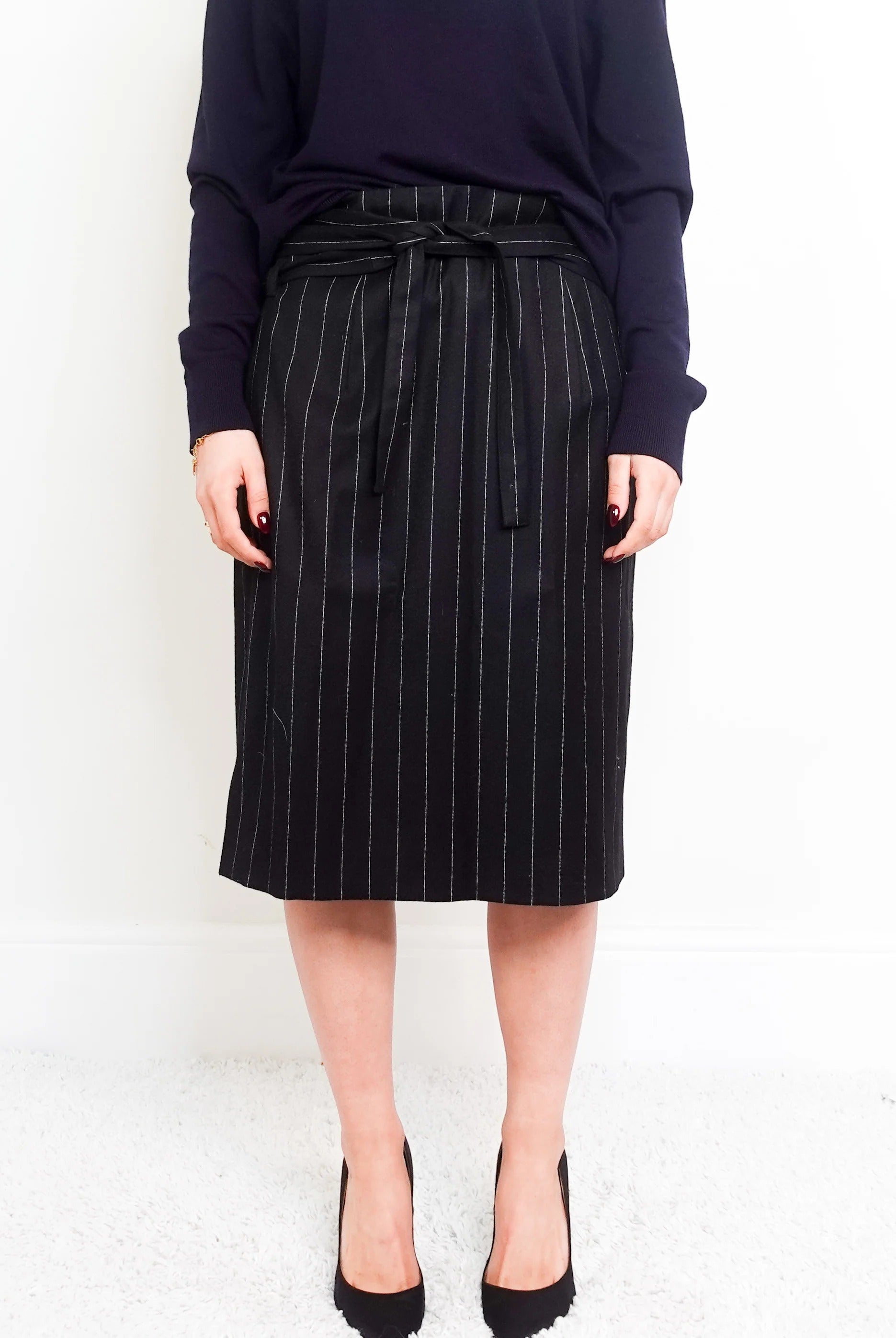 Belted Pinstripe Pencil Skirt