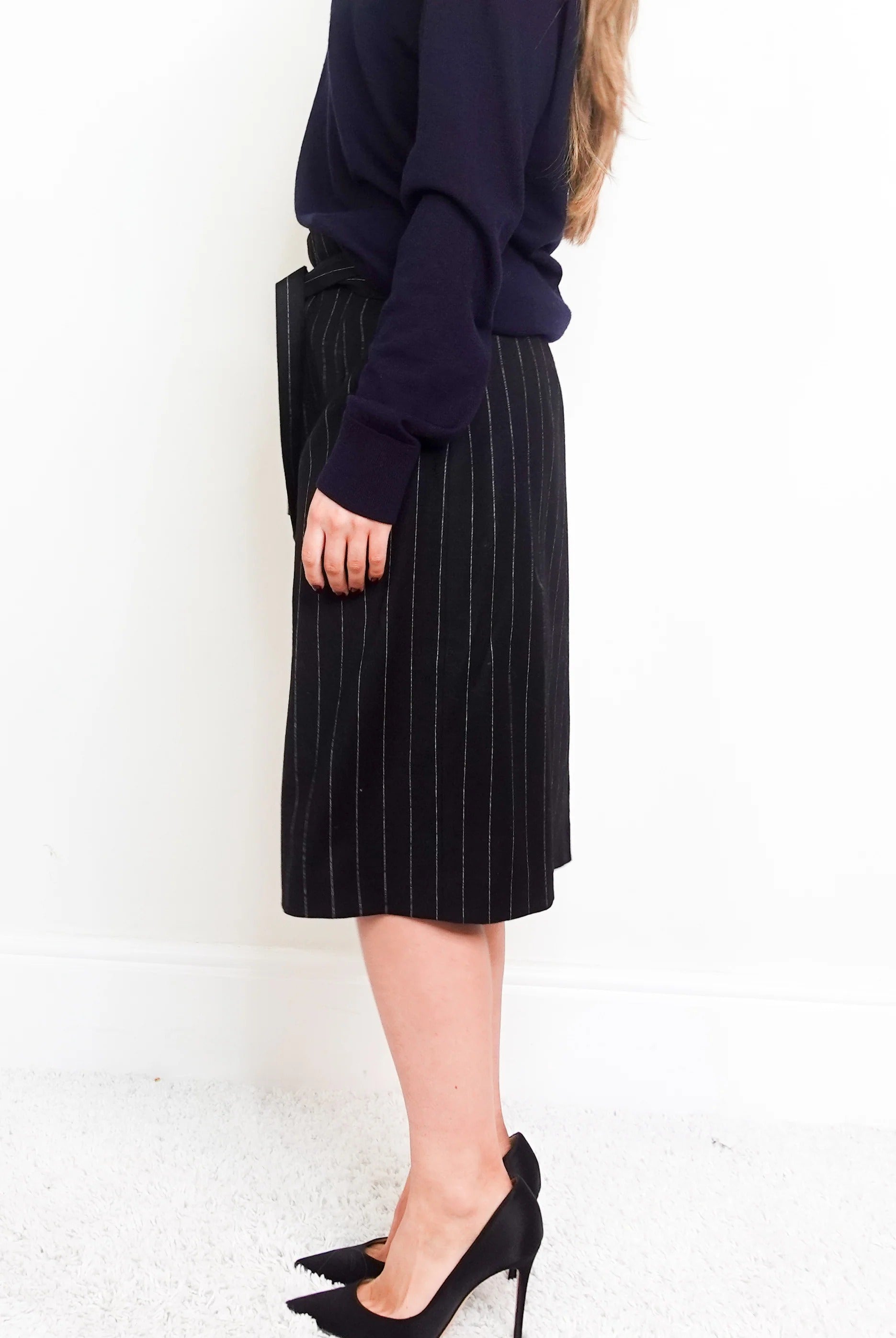 Belted Pinstripe Pencil Skirt