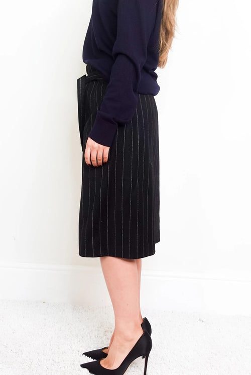 Belted Pinstripe Pencil Skirt